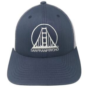 San Franpsycho Yupoong Trucker Hat Blue White Snapback OSFM Golden Gate Bridge